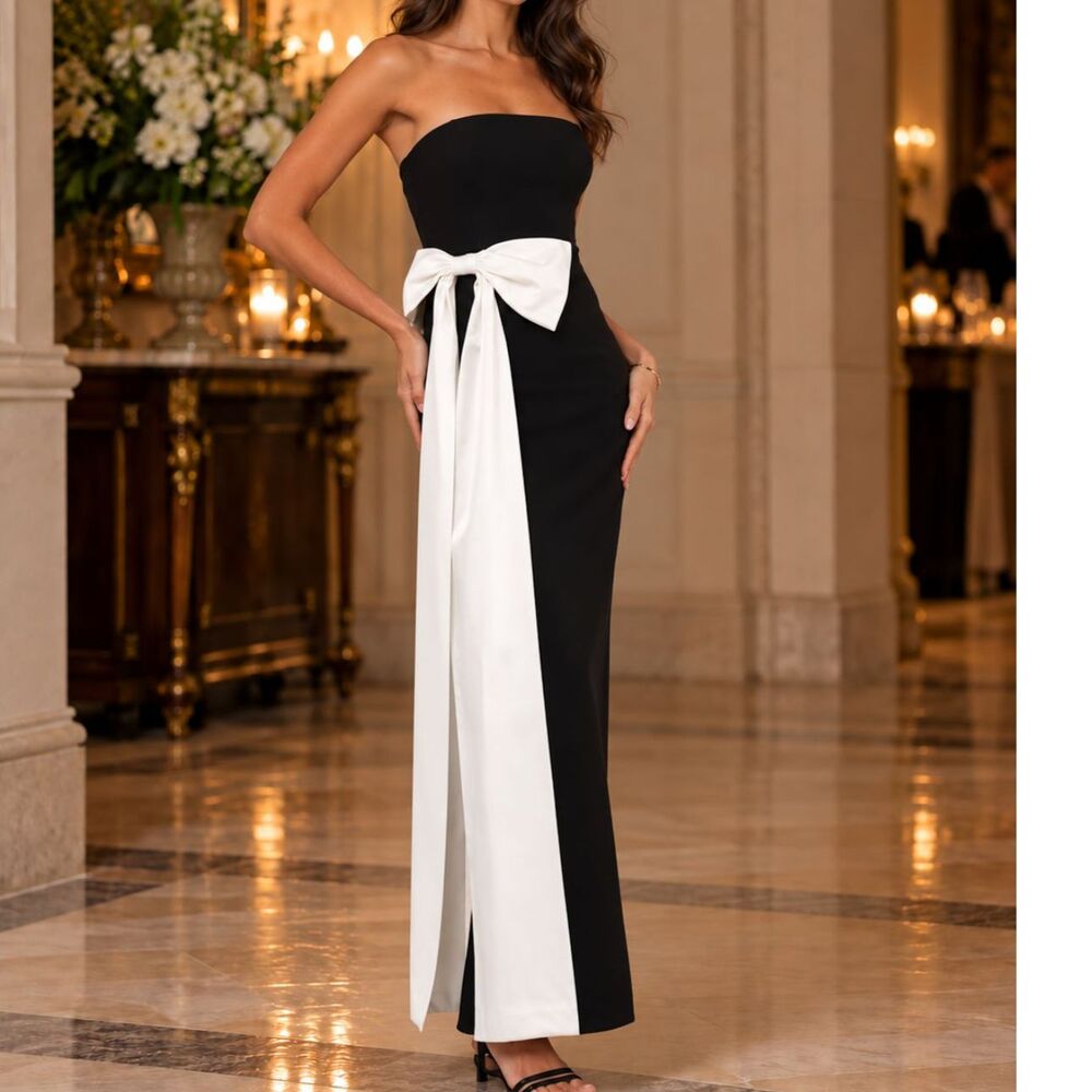 Lulus NWT Marvelous Vision Black Strapless Bow Column Maxi Dress Formal Glam